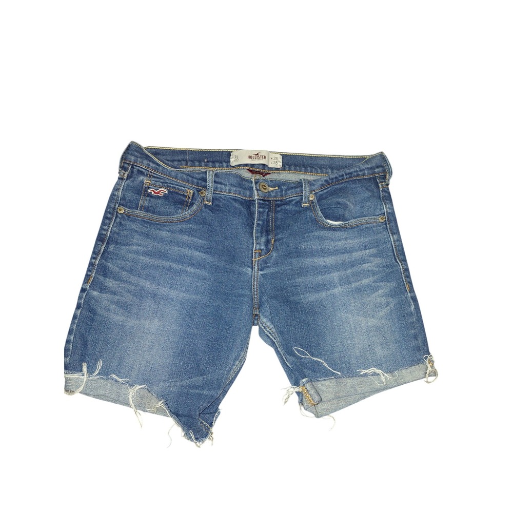 Hollister So Cal Stretch Denim Shorts Medium Wash Raw Hem Size 7L W28 L35